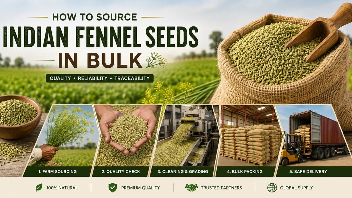 How to Source Indian Fennel Seeds in Bulk — farm sourcing, quality check, cleaning and grading, bulk packing, and delivery