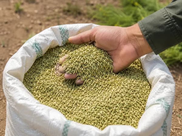 Hand checking fennel seed quality in a bulk sack