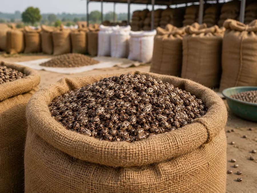 Burlap sacks of castor seeds in a bulk storage yard