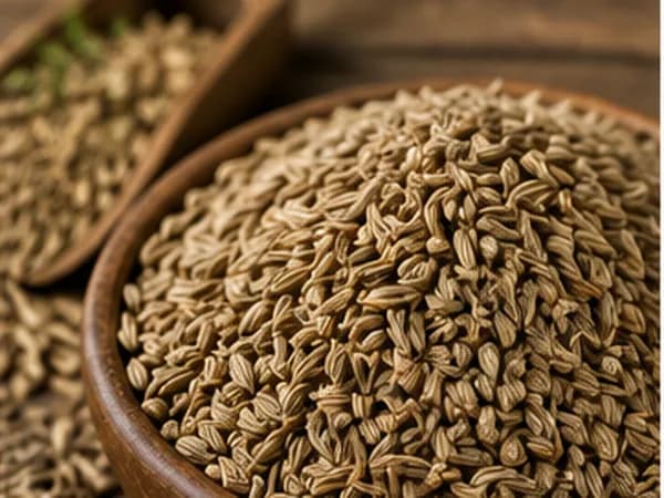 Cumin seeds in a wooden bowl