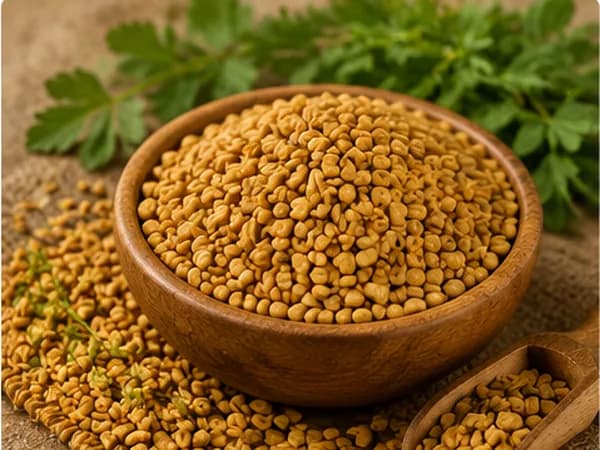 Fenugreek seeds in a wooden bowl with fenugreek leaves