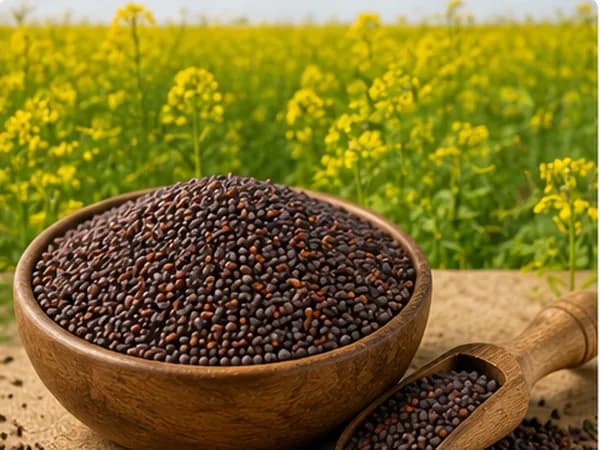 Mustard seeds in a wooden bowl with a mustard flower field behind