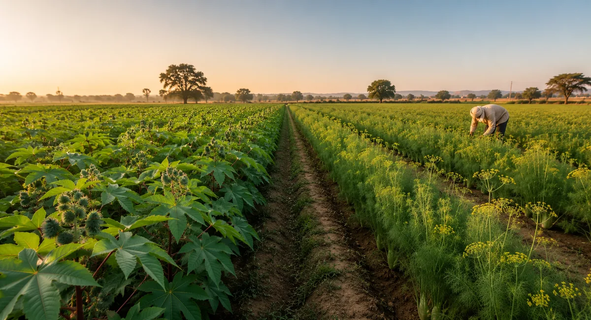 Rows of castor and fennel crops in the Rajasthan–Gujarat belt at sunrise, with a farmer working the fennel rows