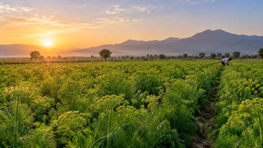 Fennel field at sunrise in the Rajasthan–Gujarat agricultural belt, with a farmer working the rows